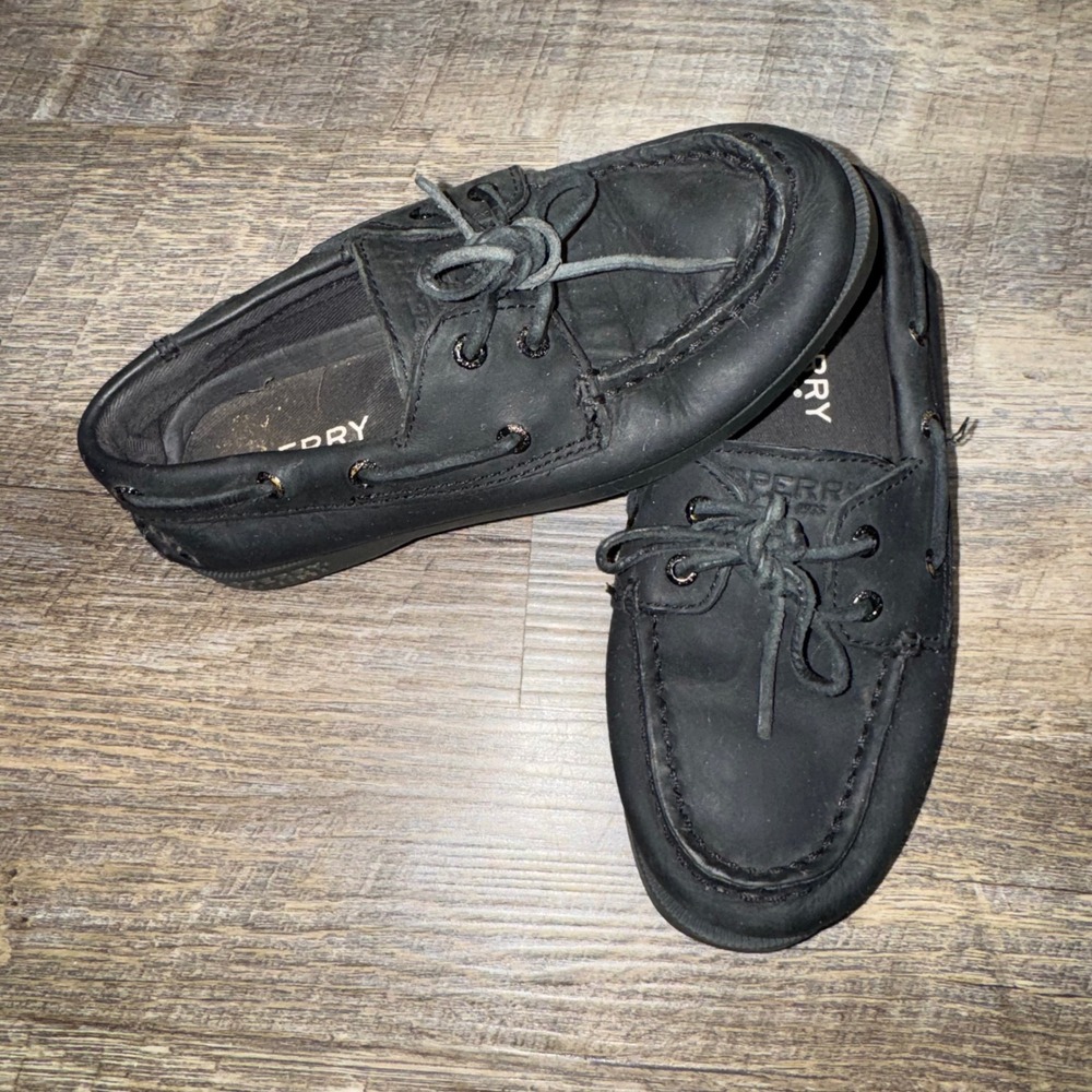 Sperry Top-Sider AO Boys 13M Black Leather Authentic Original 2 Eye Boat Shoes